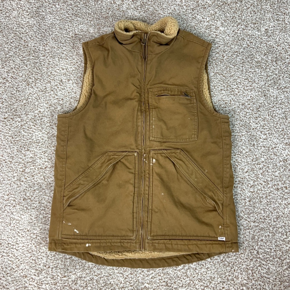 Lee Vest Mens Small Brown Workwear Sherpa Lined Canvas Full Zip Utility Paint
